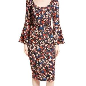 Tracy Reese Red and Blue Bodycon Bell Sleeve Dress
